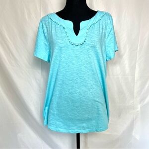 Talbots Aqua Blue Cotton Split Neck Top L Embroidered Trim